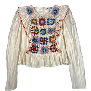 Topshop Cream Granny Square Long Sleeve Ruffle Size 8 Top